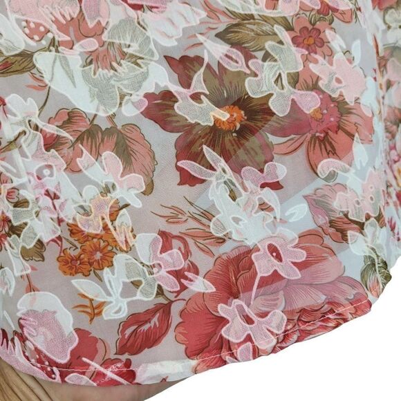 Womens Button Up Blouse S Pink Floral Sheer 3/4 Sleeve Collared Top Country - Picture 7 of 13